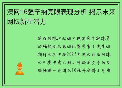 澳网16强辛纳亮眼表现分析 揭示未来网坛新星潜力