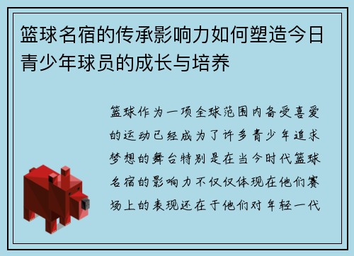 篮球名宿的传承影响力如何塑造今日青少年球员的成长与培养